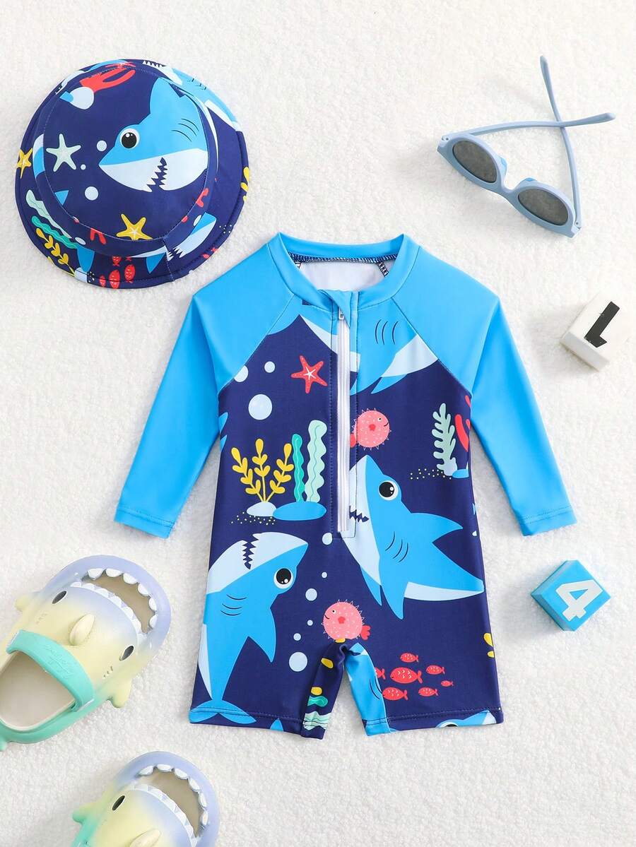 Baby Shark & Whale Print Long Sleeve Zipper Rash Guard Swimsuit with Matching Hat