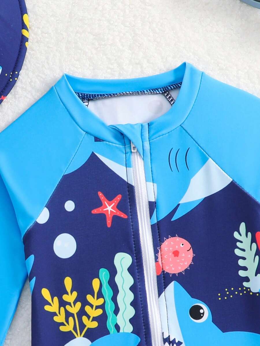 Baby Shark & Whale Print Long Sleeve Zipper Rash Guard Swimsuit with Matching Hat