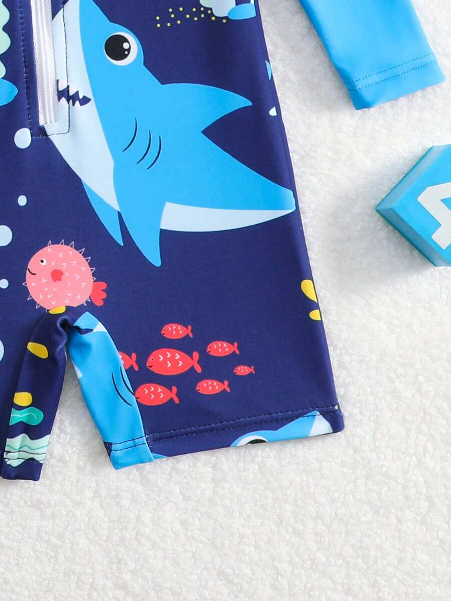 Baby Shark & Whale Print Long Sleeve Zipper Rash Guard Swimsuit with Matching Hat