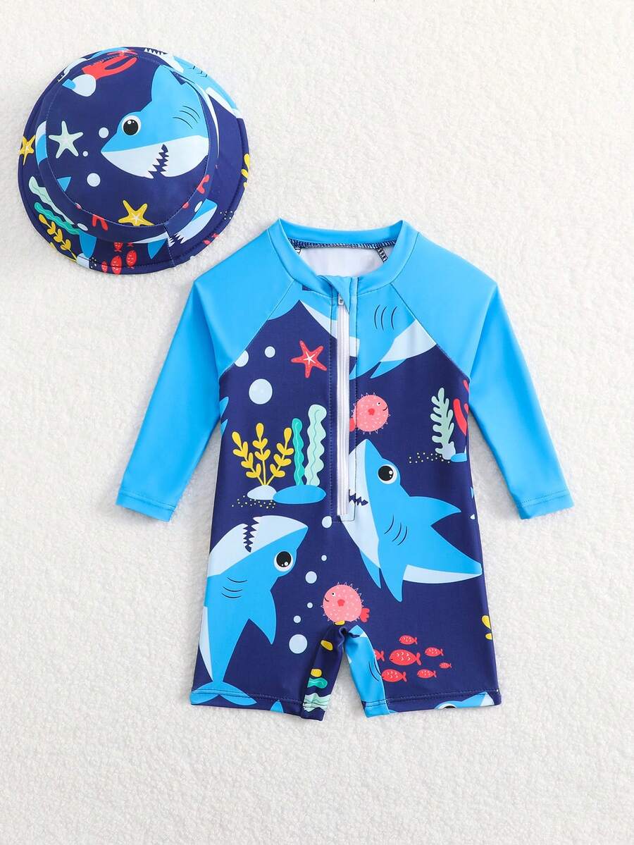 Baby Shark & Whale Print Long Sleeve Zipper Rash Guard Swimsuit with Matching Hat