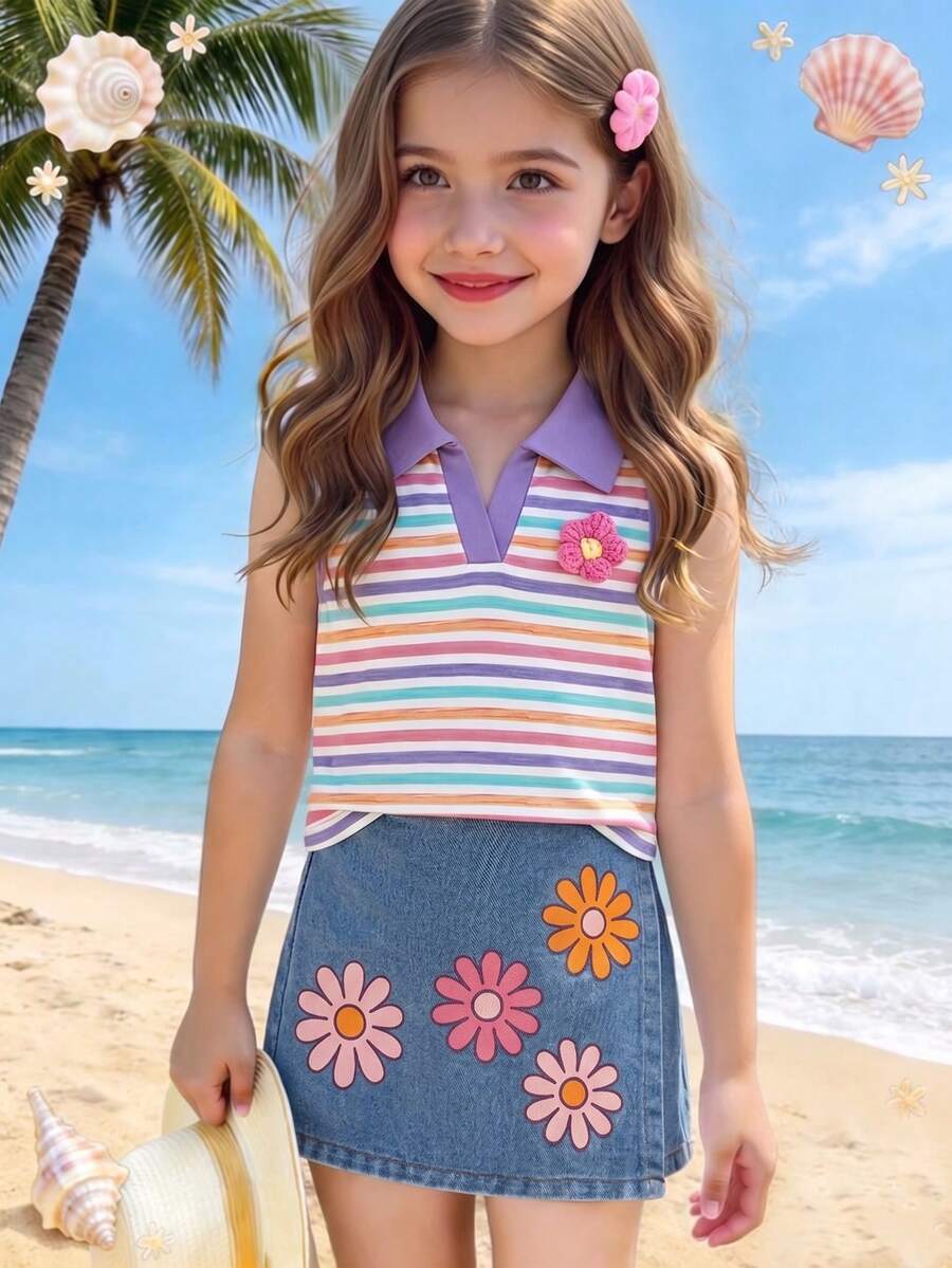 Toddler Girls Textured Knit Vest Top And Denim Skort Flower Embroidered Summer Outfit Set