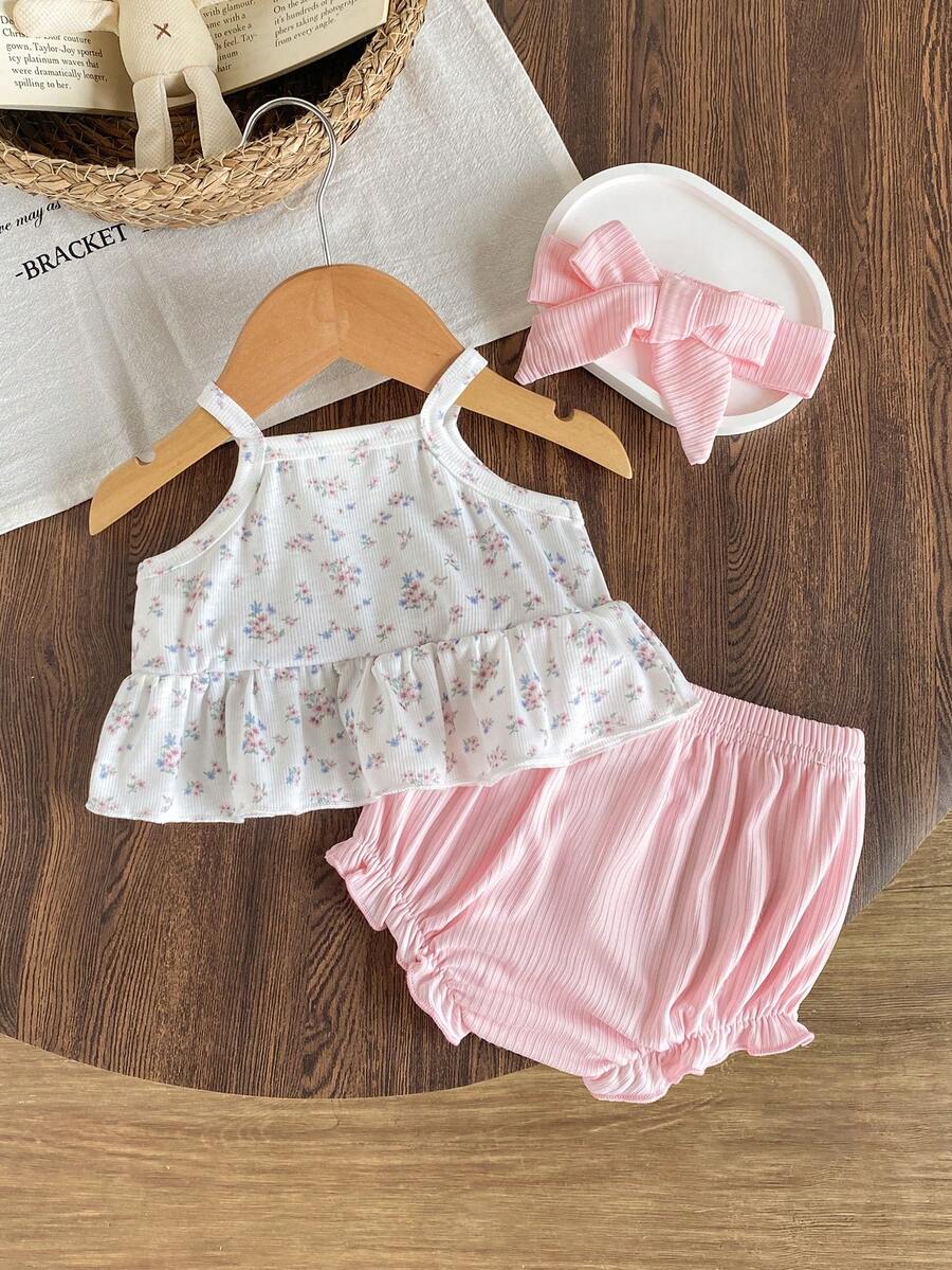 2PCS Baby Heart Print Rib Knit Top and Shorts Set for Cute Summer Daily Wear