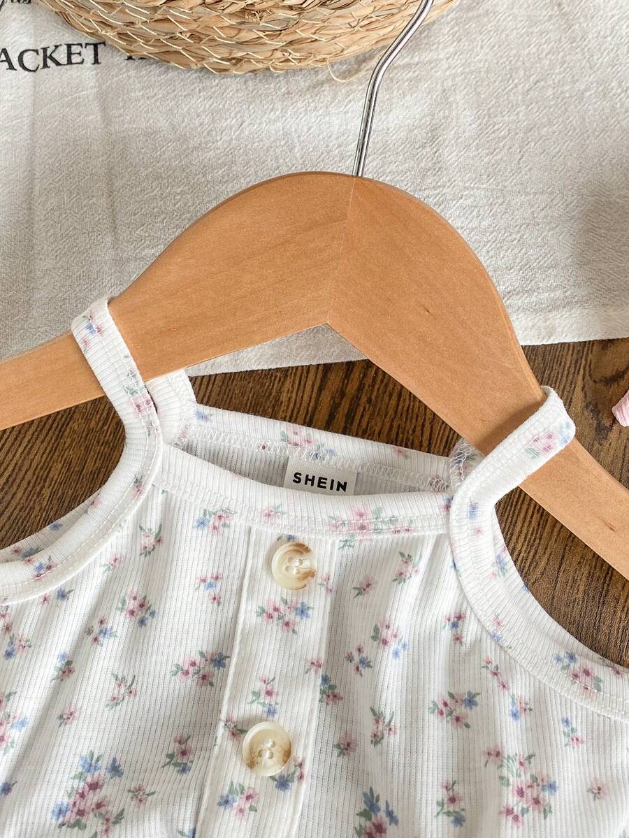 2PCS Baby Heart Print Rib Knit Top and Shorts Set for Cute Summer Daily Wear