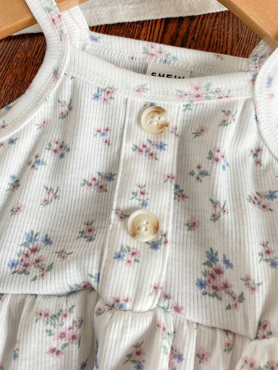 2PCS Baby Heart Print Rib Knit Top and Shorts Set for Cute Summer Daily Wear
