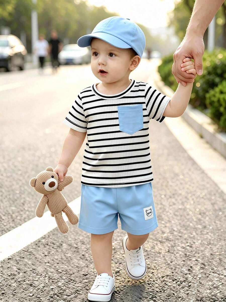 Infant Toddler Boys' Summer Outfit: Striped Waffle Tee and Letter Patch Shorts