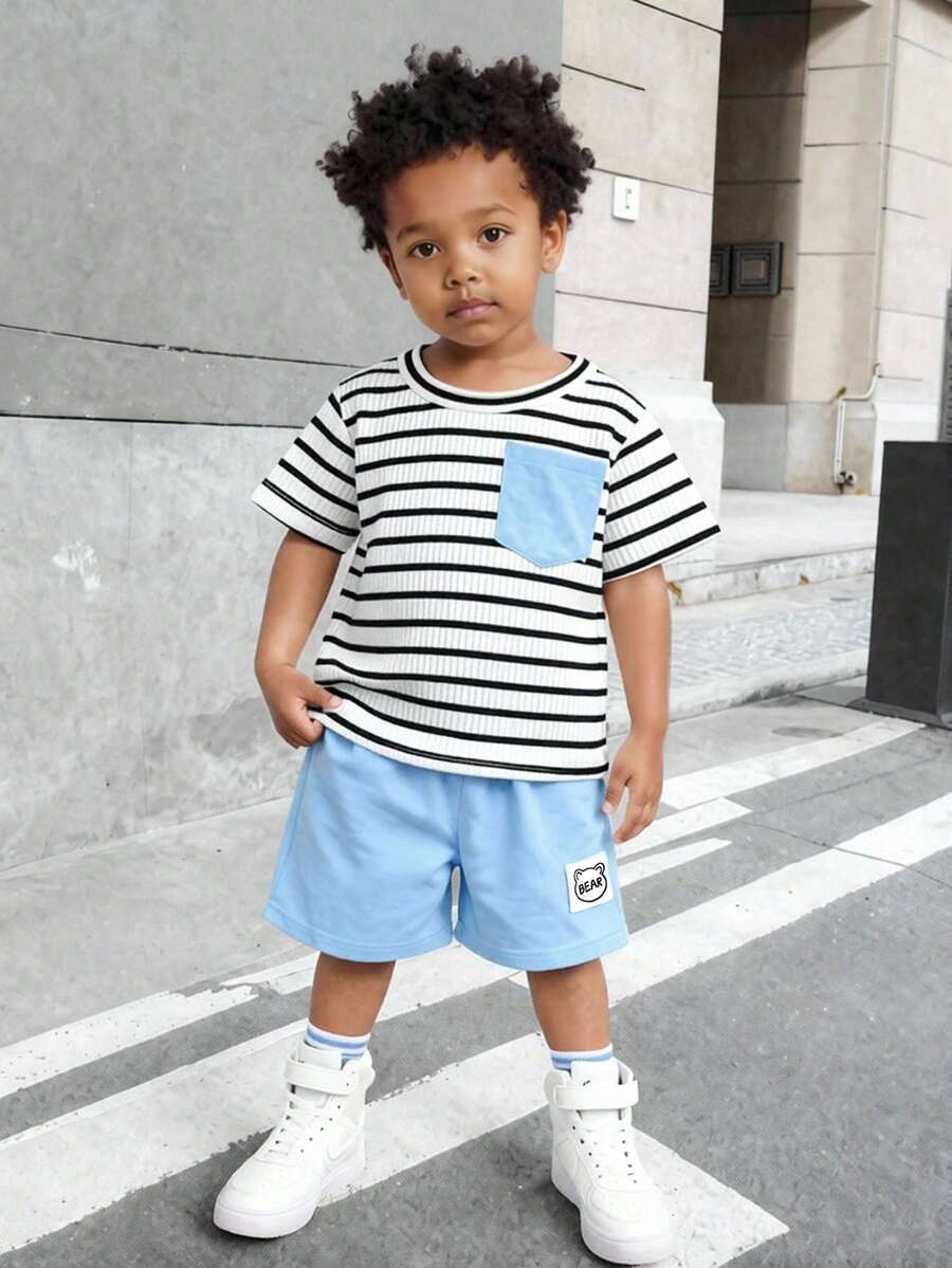 Infant Toddler Boys' Summer Outfit: Striped Waffle Tee and Letter Patch Shorts