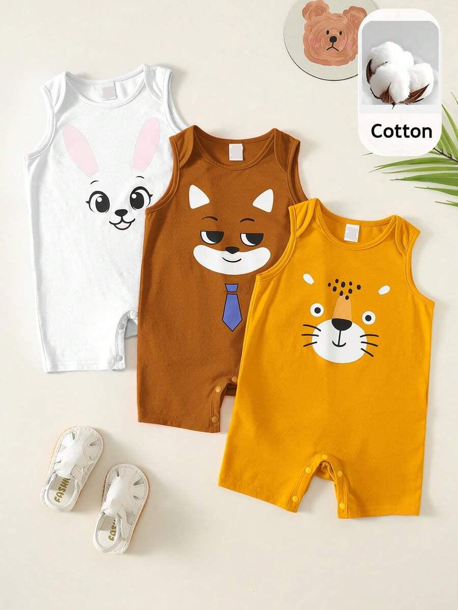 Unisex Newborn Baby Cartoon and Stripe Print Romper 3 Piece Summer Outfit Set