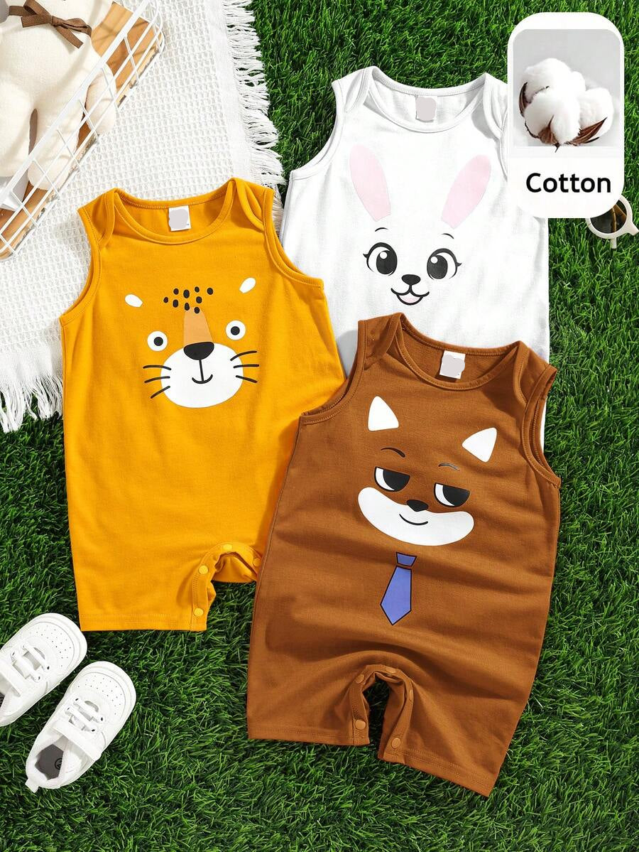 Unisex Newborn Baby Cartoon and Stripe Print Romper 3 Piece Summer Outfit Set