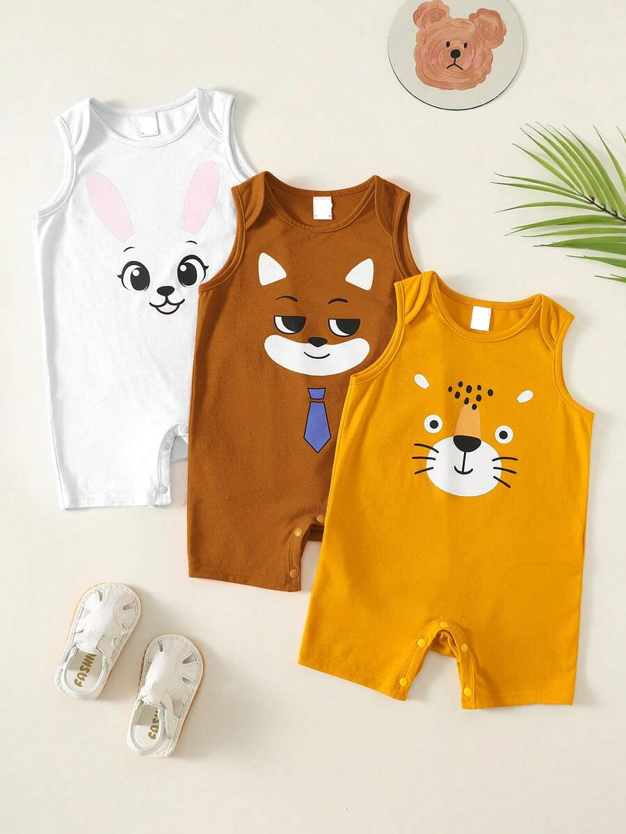 Unisex Newborn Baby Cartoon and Stripe Print Romper 3 Piece Summer Outfit Set
