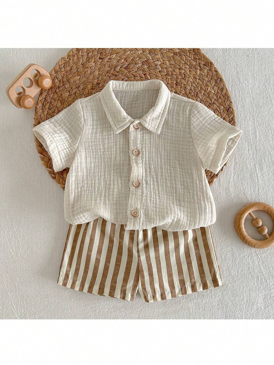 Baby Boy 2pcs Knit Jacquard Summer Set - Short Sleeve Shirt & Elastic Shorts