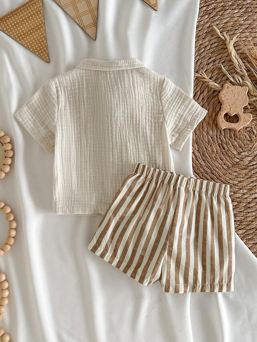 Baby Boy 2pcs Knit Jacquard Summer Set - Short Sleeve Shirt & Elastic Shorts