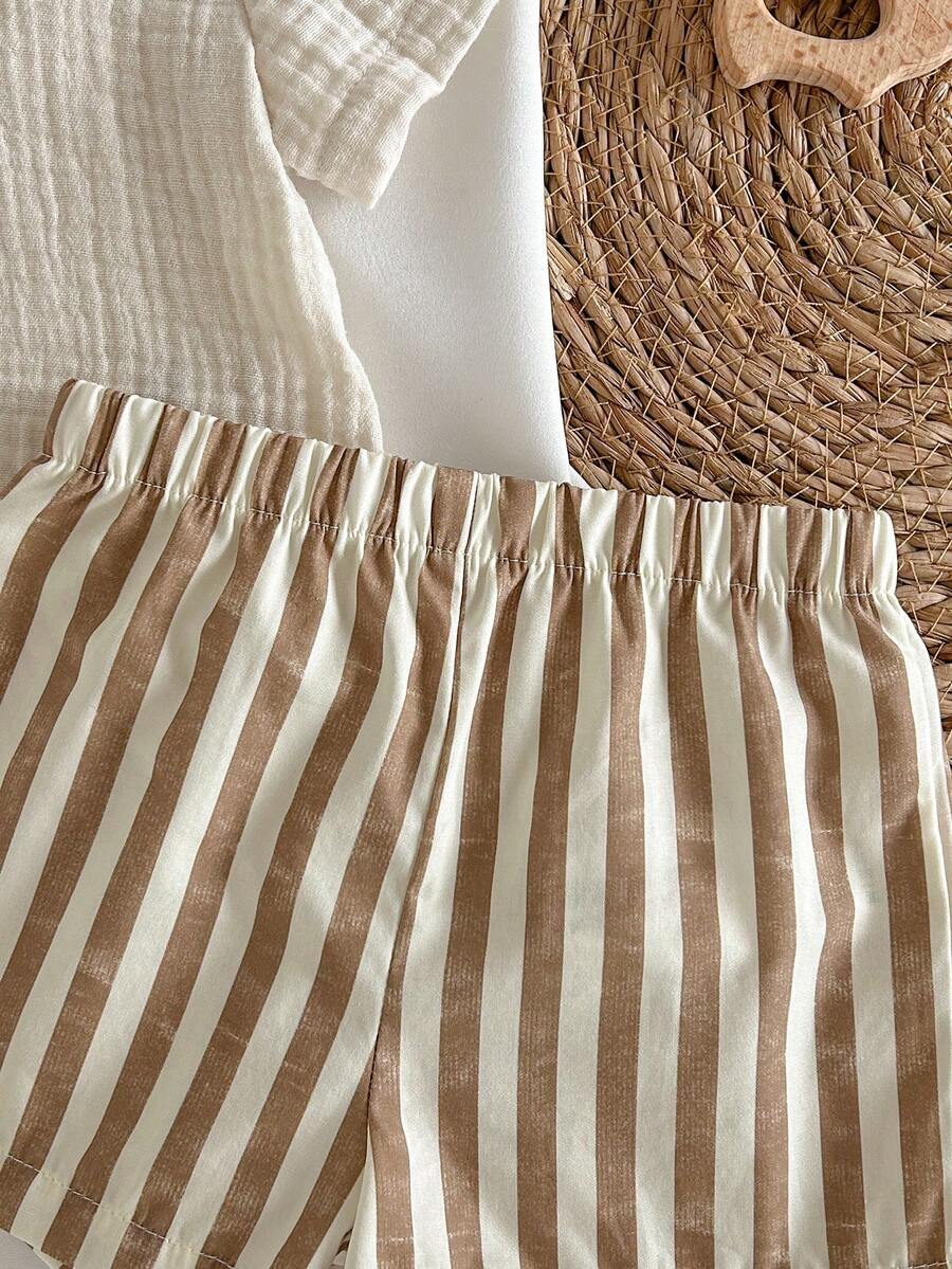 Baby Boy 2pcs Knit Jacquard Summer Set - Short Sleeve Shirt & Elastic Shorts
