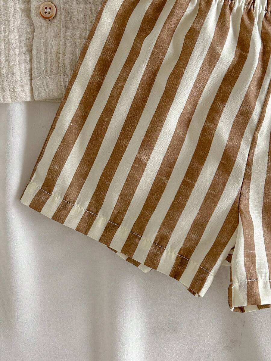 Baby Boy 2pcs Knit Jacquard Summer Set - Short Sleeve Shirt & Elastic Shorts