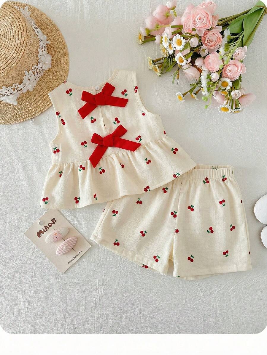 Plaid Bow Decor Outfit Set For Baby Girls Cute Ruffle Hem Summer Wear