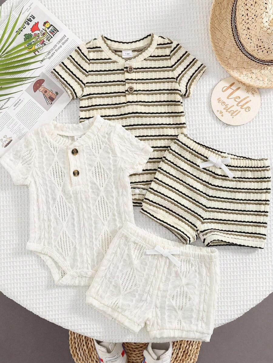 Striped Bodysuit and Shorts 4 Piece Outfit Set for Cute Summer Daily Wear