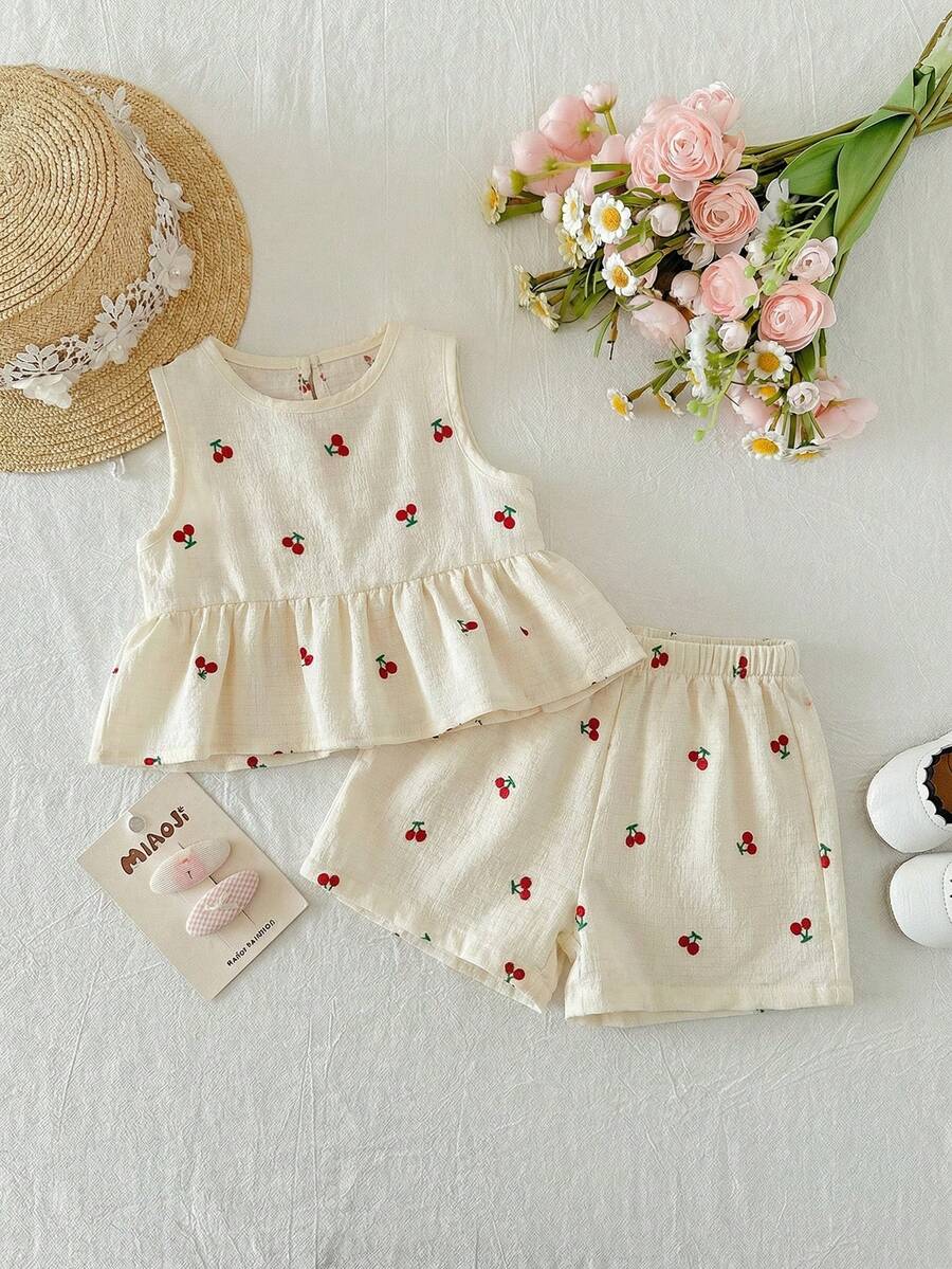 Plaid Bow Decor Outfit Set For Baby Girls Cute Ruffle Hem Summer Wear
