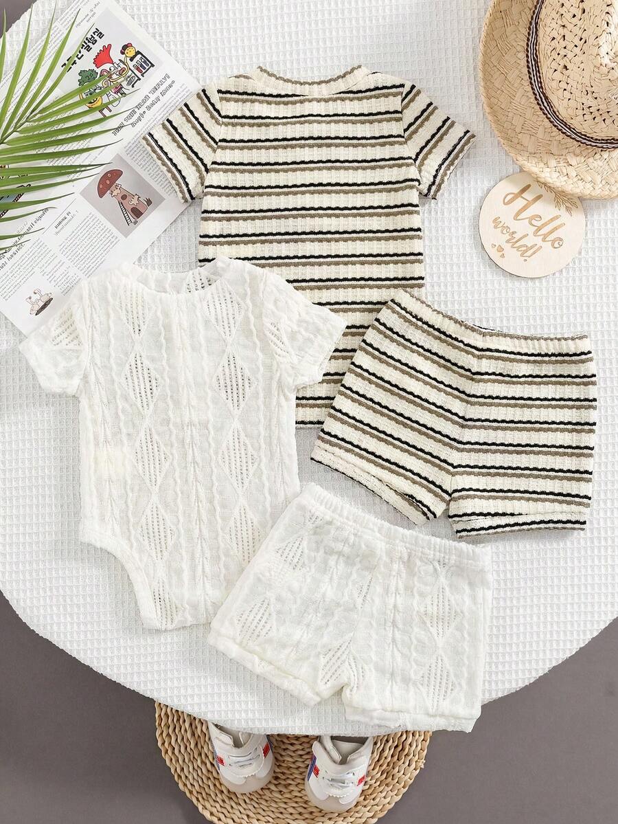 Striped Bodysuit and Shorts 4 Piece Outfit Set for Cute Summer Daily Wear