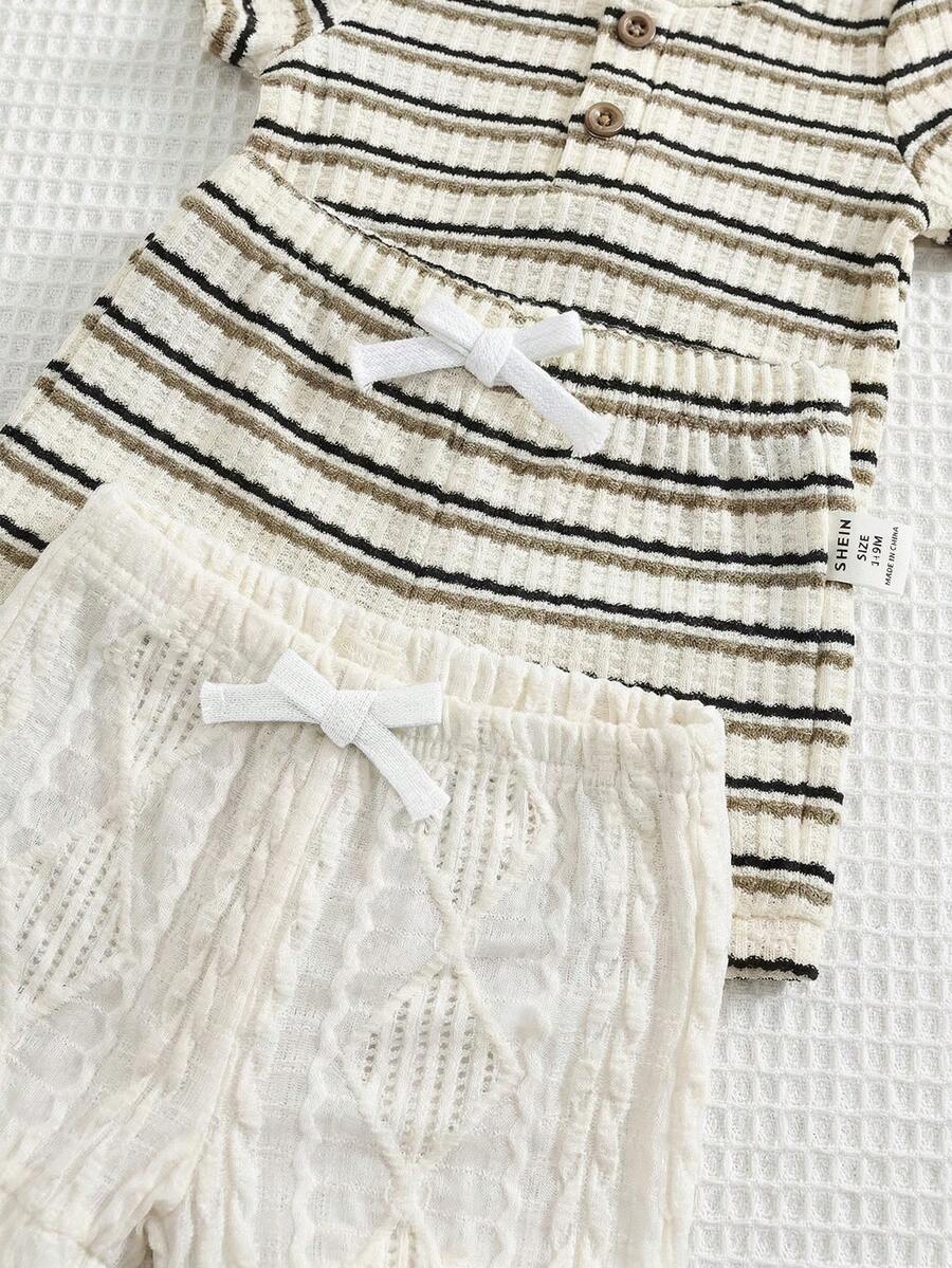 Striped Bodysuit and Shorts 4 Piece Outfit Set for Cute Summer Daily Wear