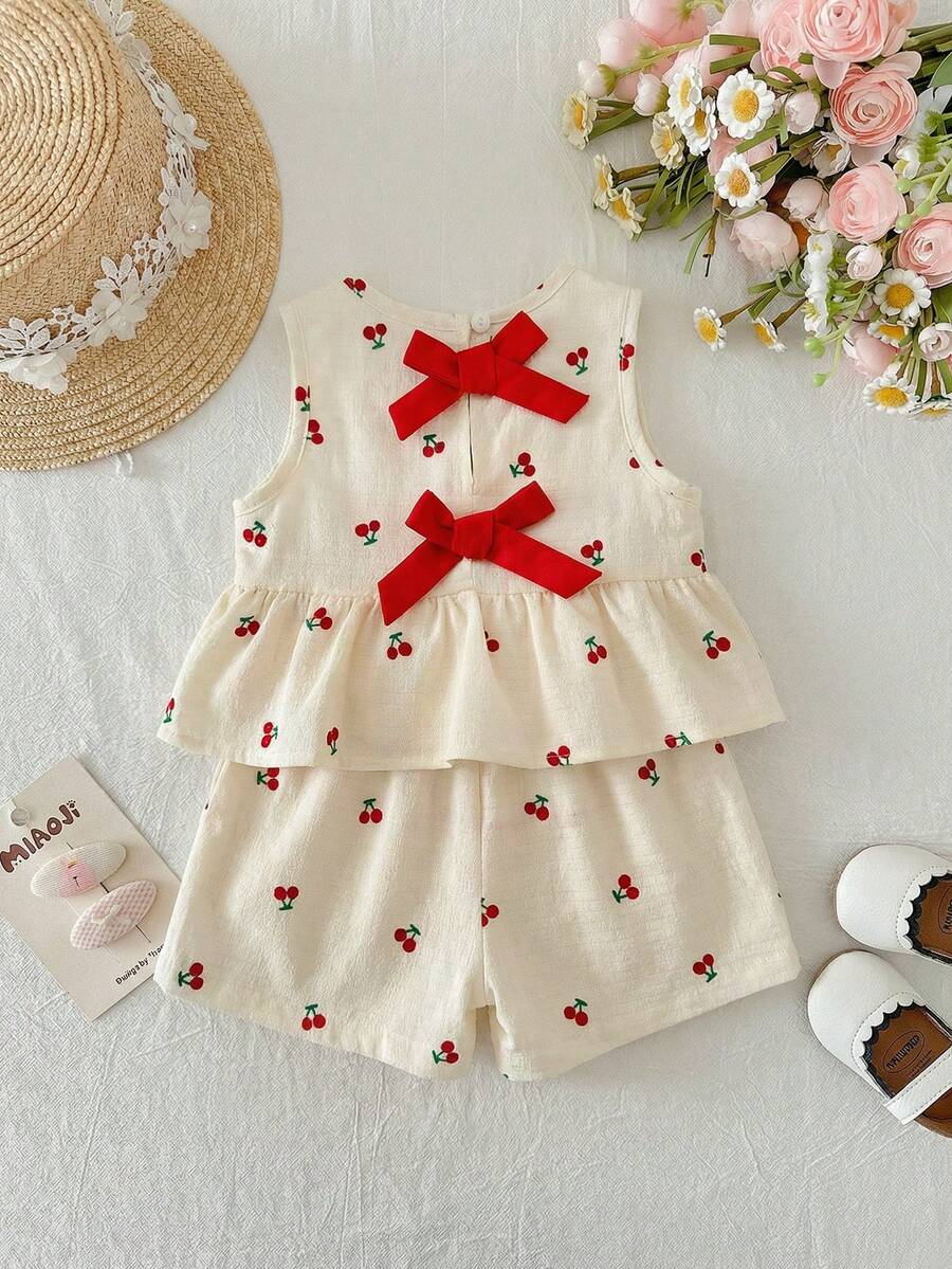 Plaid Bow Decor Outfit Set For Baby Girls Cute Ruffle Hem Summer Wear