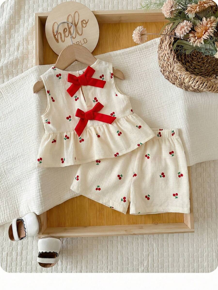 Plaid Bow Decor Outfit Set For Baby Girls Cute Ruffle Hem Summer Wear