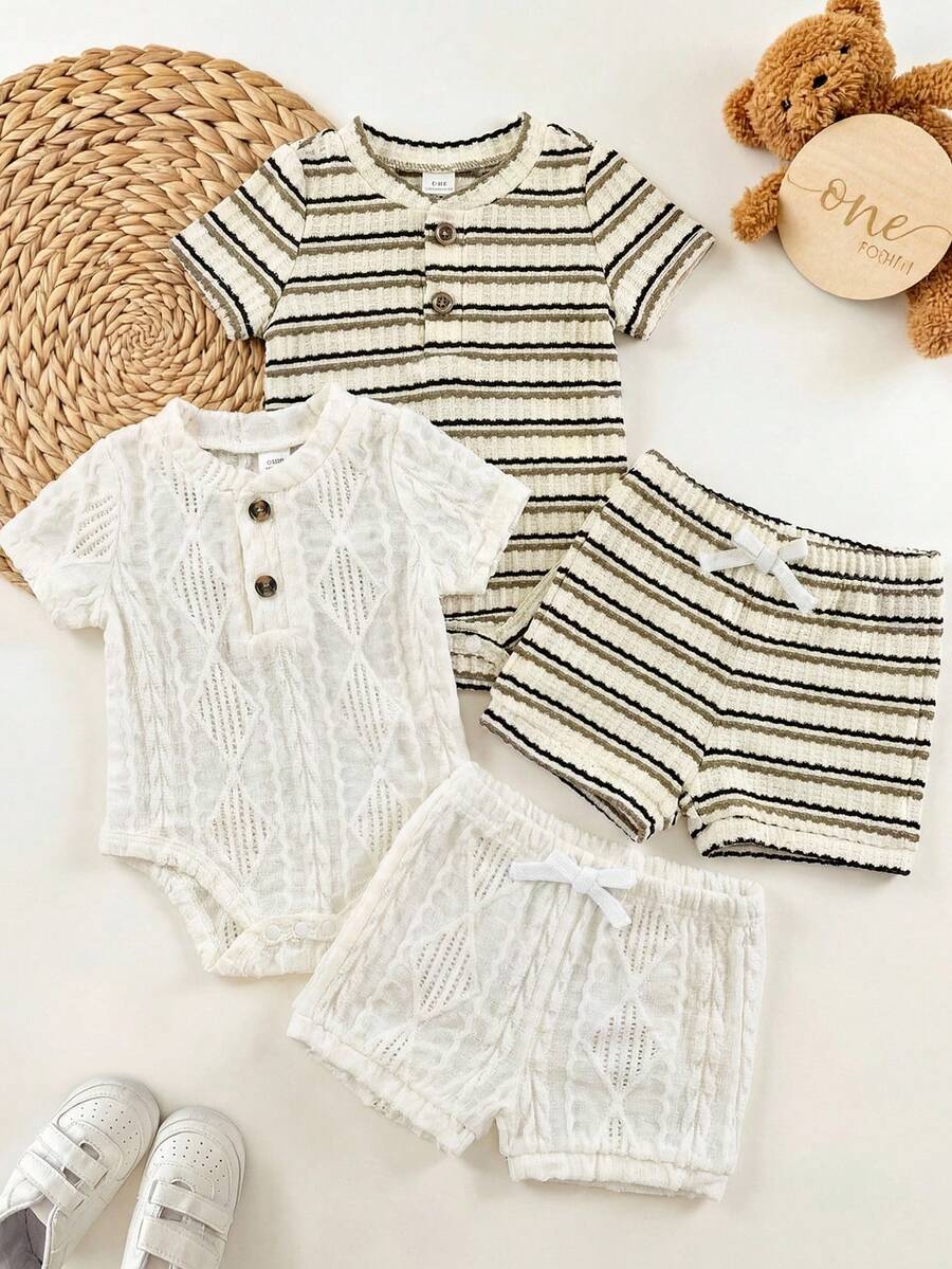 Striped Bodysuit and Shorts 4 Piece Outfit Set for Cute Summer Daily Wear