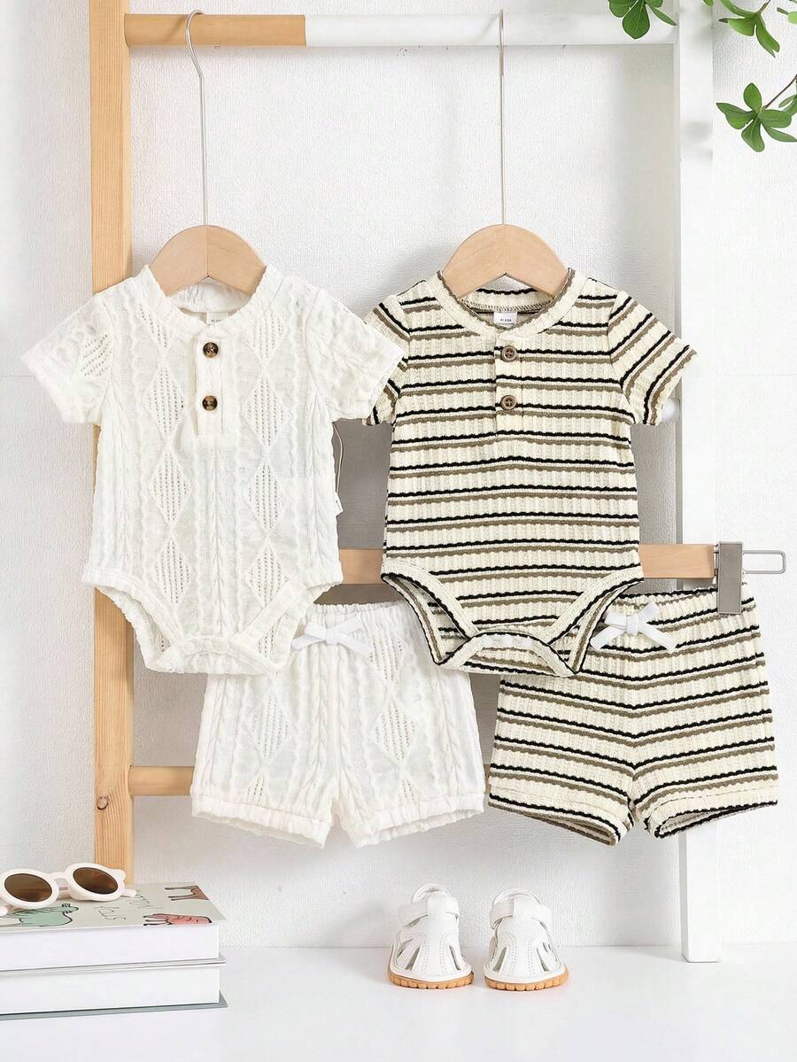 Striped Bodysuit and Shorts 4 Piece Outfit Set for Cute Summer Daily Wear