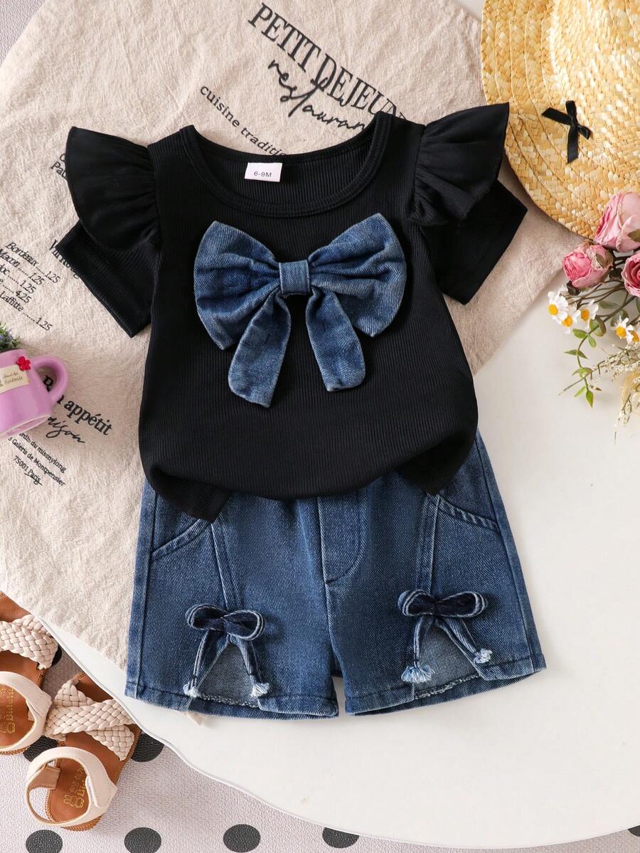 3D Bow Denim Cap Sleeve Set with Front Slit Shorts for Baby Girls