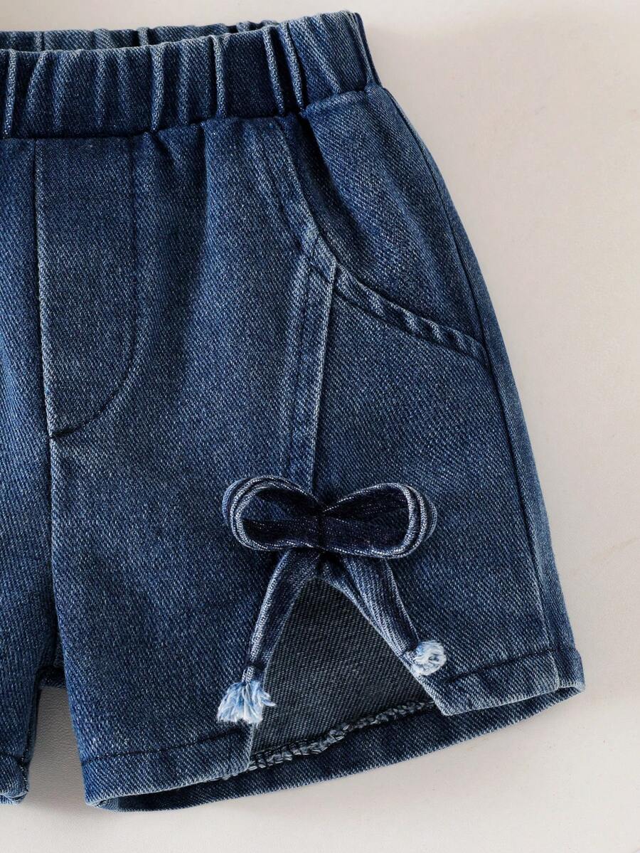 3D Bow Denim Cap Sleeve Set with Front Slit Shorts for Baby Girls