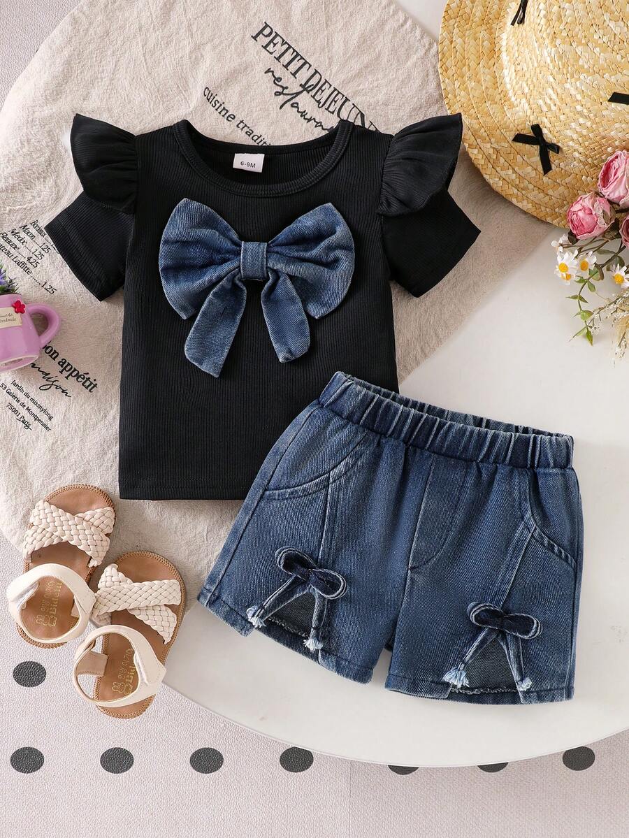 3D Bow Denim Cap Sleeve Set with Front Slit Shorts for Baby Girls
