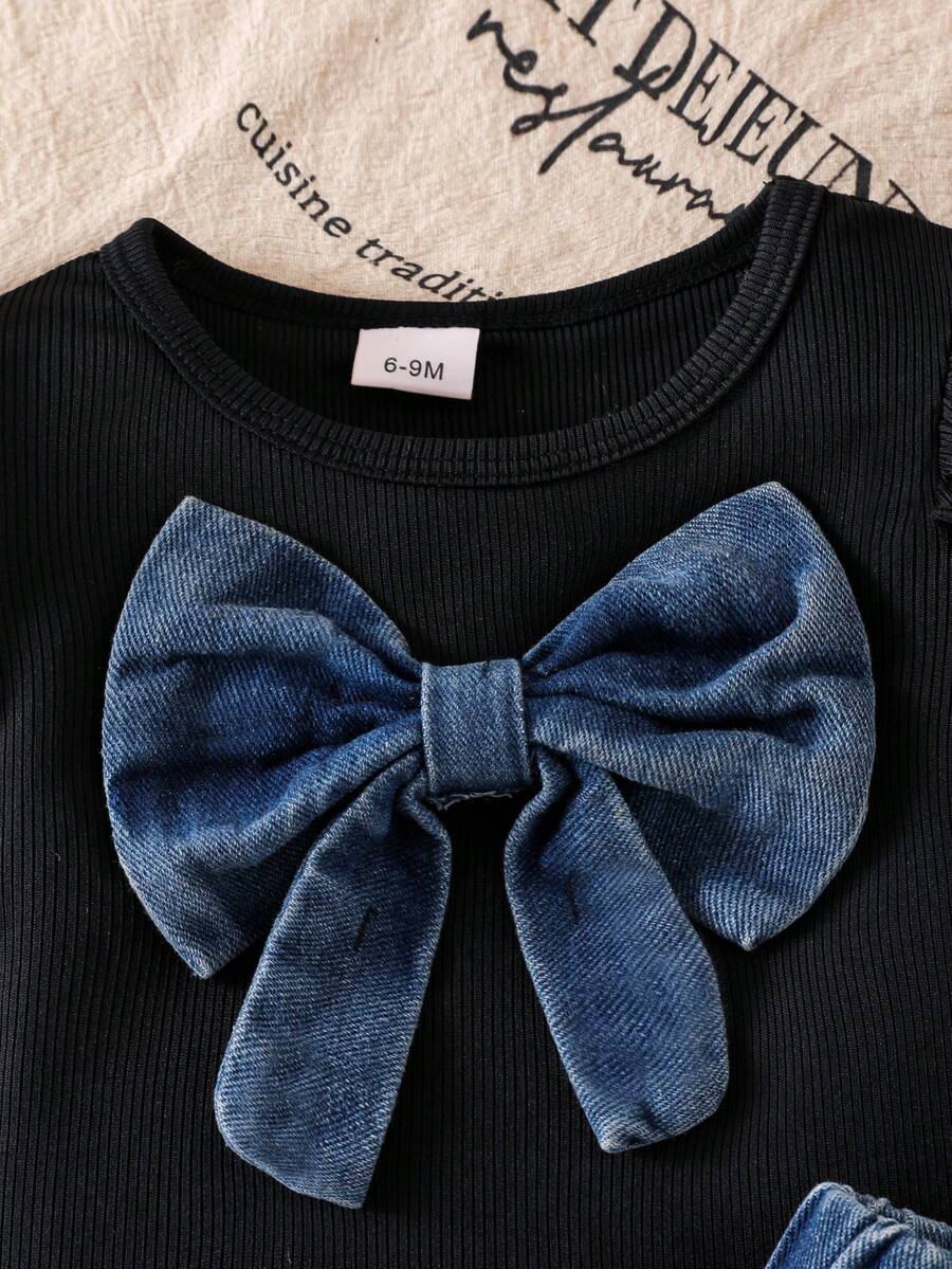 3D Bow Denim Cap Sleeve Set with Front Slit Shorts for Baby Girls