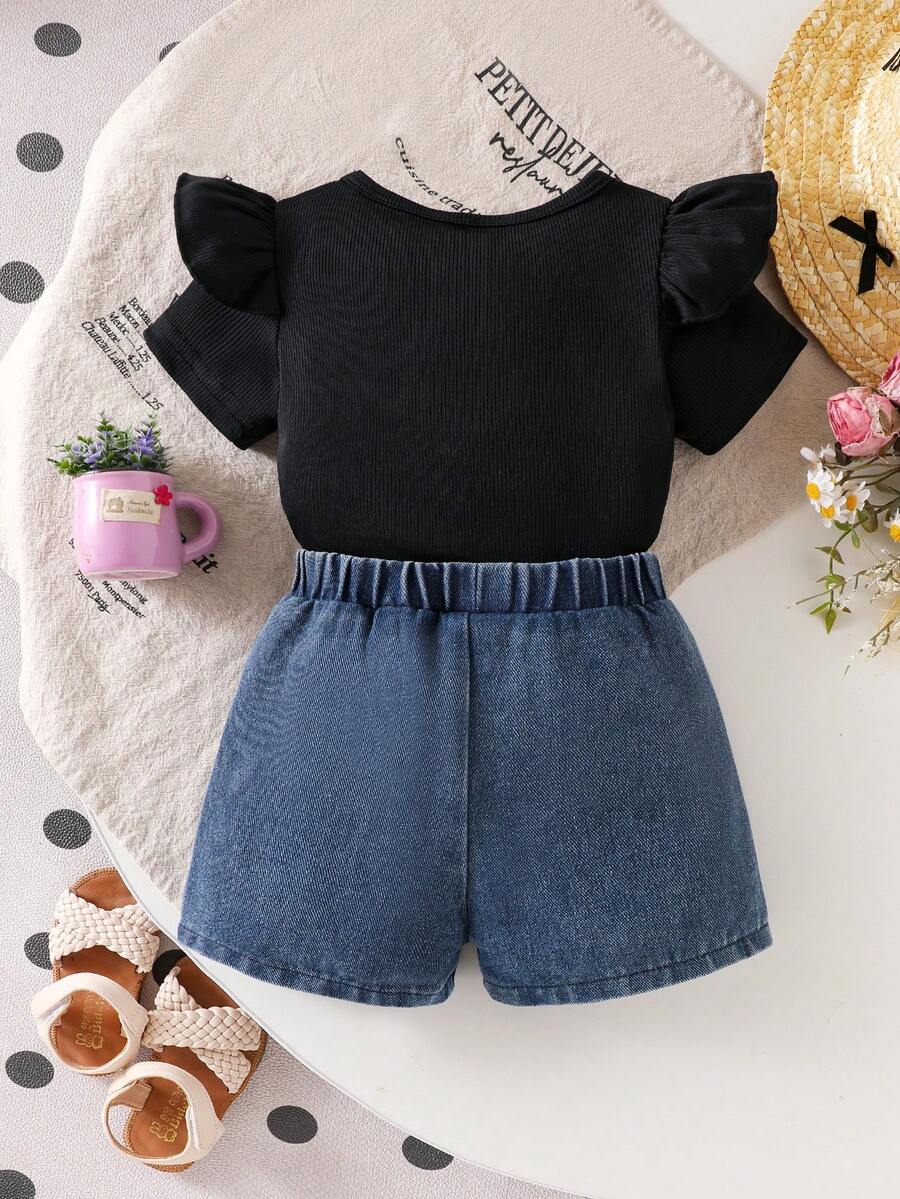 3D Bow Denim Cap Sleeve Set with Front Slit Shorts for Baby Girls