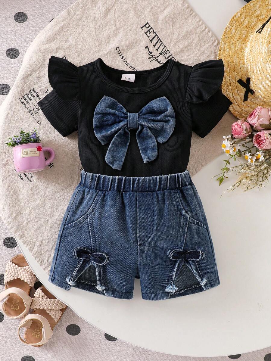 3D Bow Denim Cap Sleeve Set with Front Slit Shorts for Baby Girls