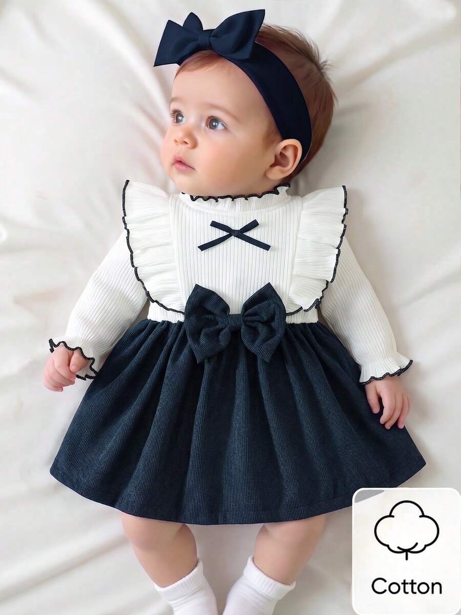 Baby Heart Pattern Dress and Headband Set for Cute All Season Daily Wear