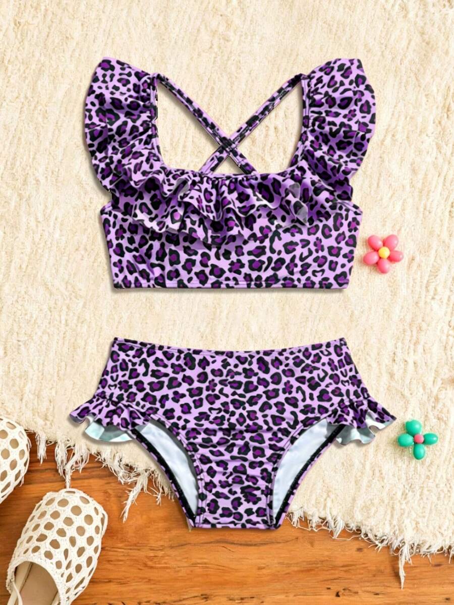 Baby Girls Leopard Print Bikini Set With Ruffle Trim Cute Summer Swimwear
