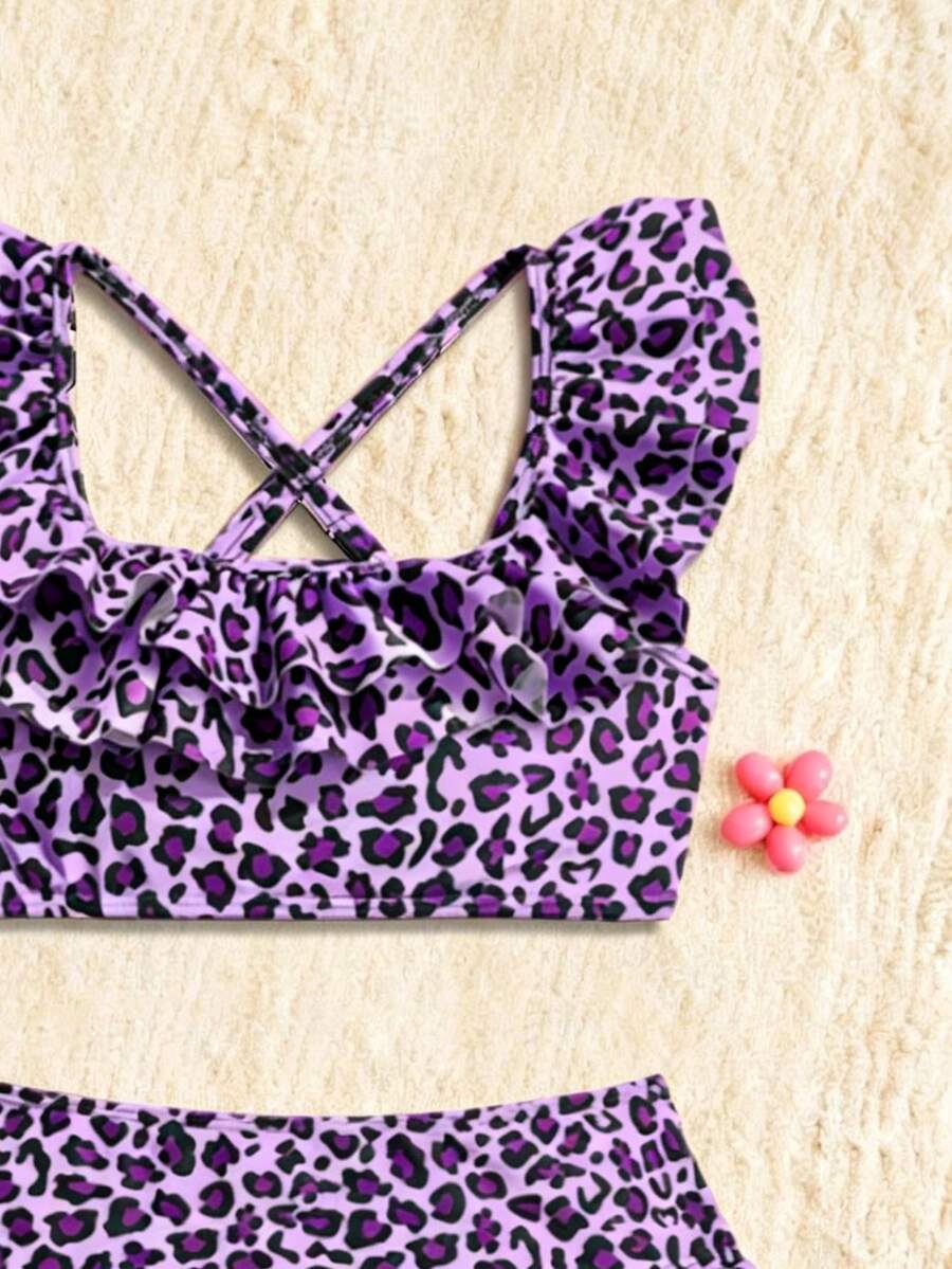 Baby Girls Leopard Print Bikini Set With Ruffle Trim Cute Summer Swimwear