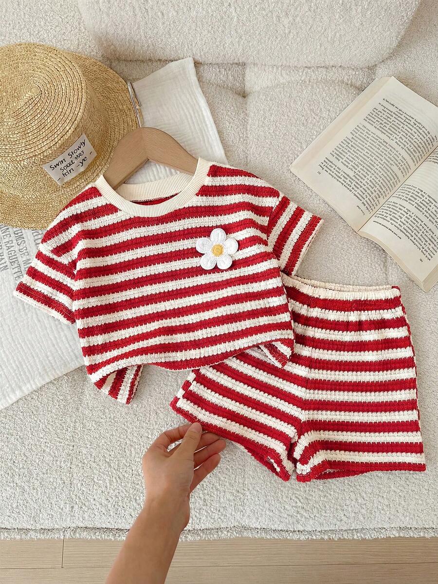 Rainbow Top And Elastic Waist Shorts Set For Toddler Girls Casual Wear