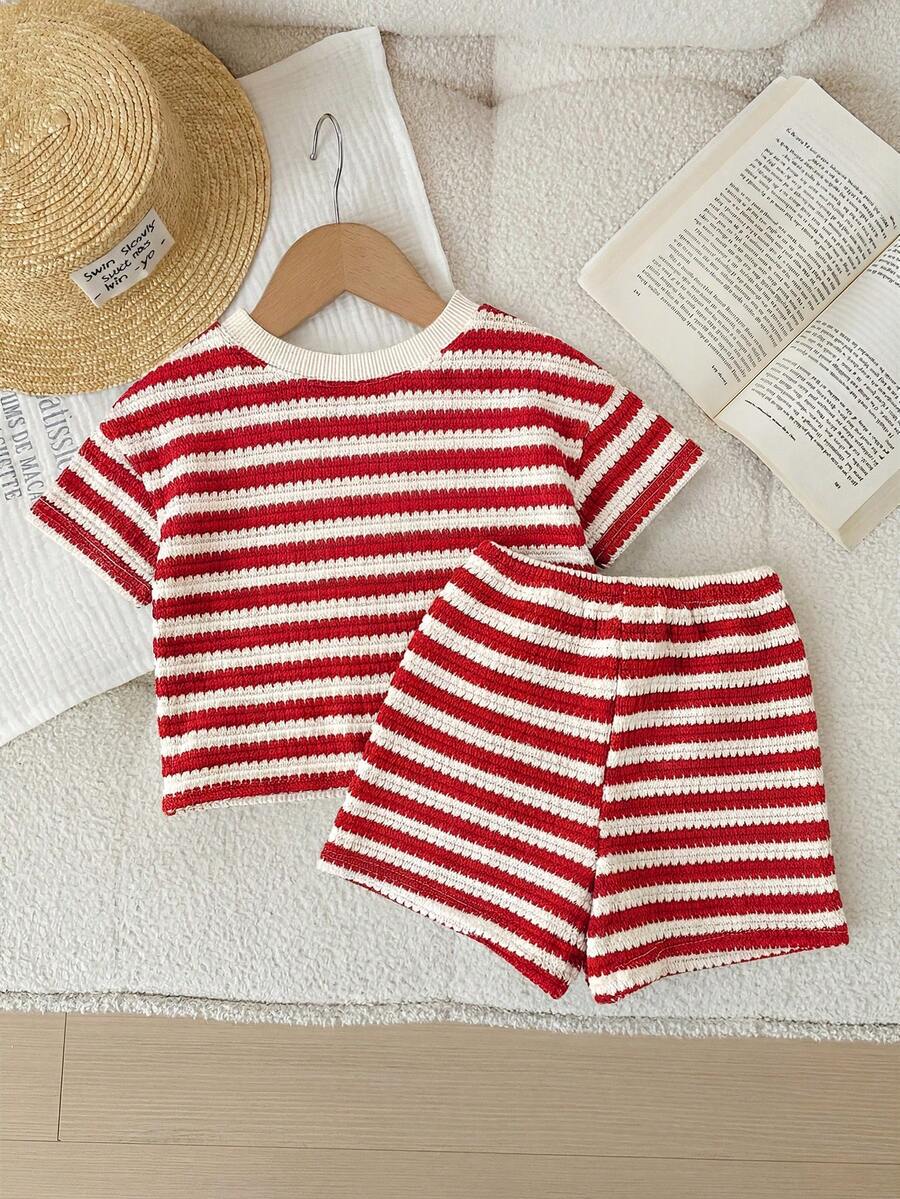 Rainbow Top And Elastic Waist Shorts Set For Toddler Girls Casual Wear