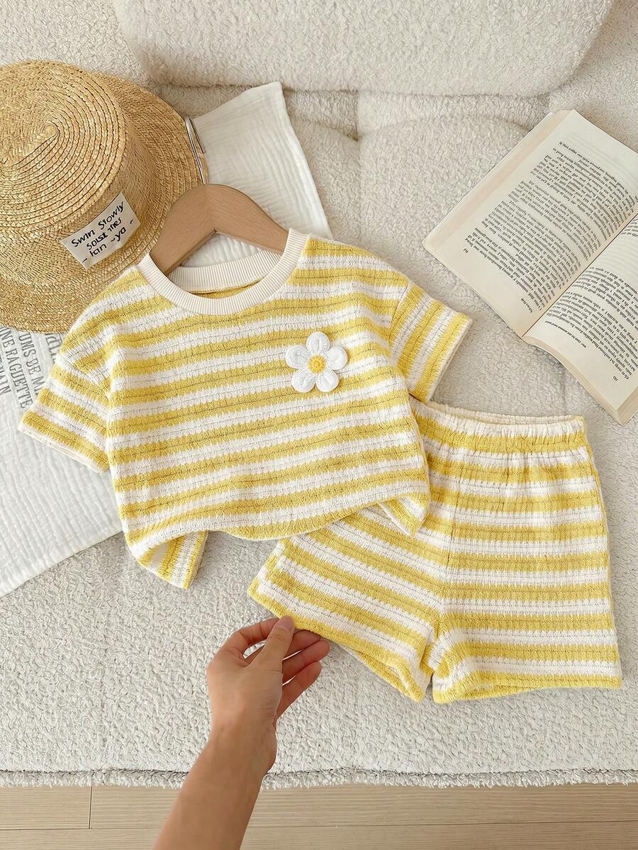Rainbow Top And Elastic Waist Shorts Set For Toddler Girls Casual Wear