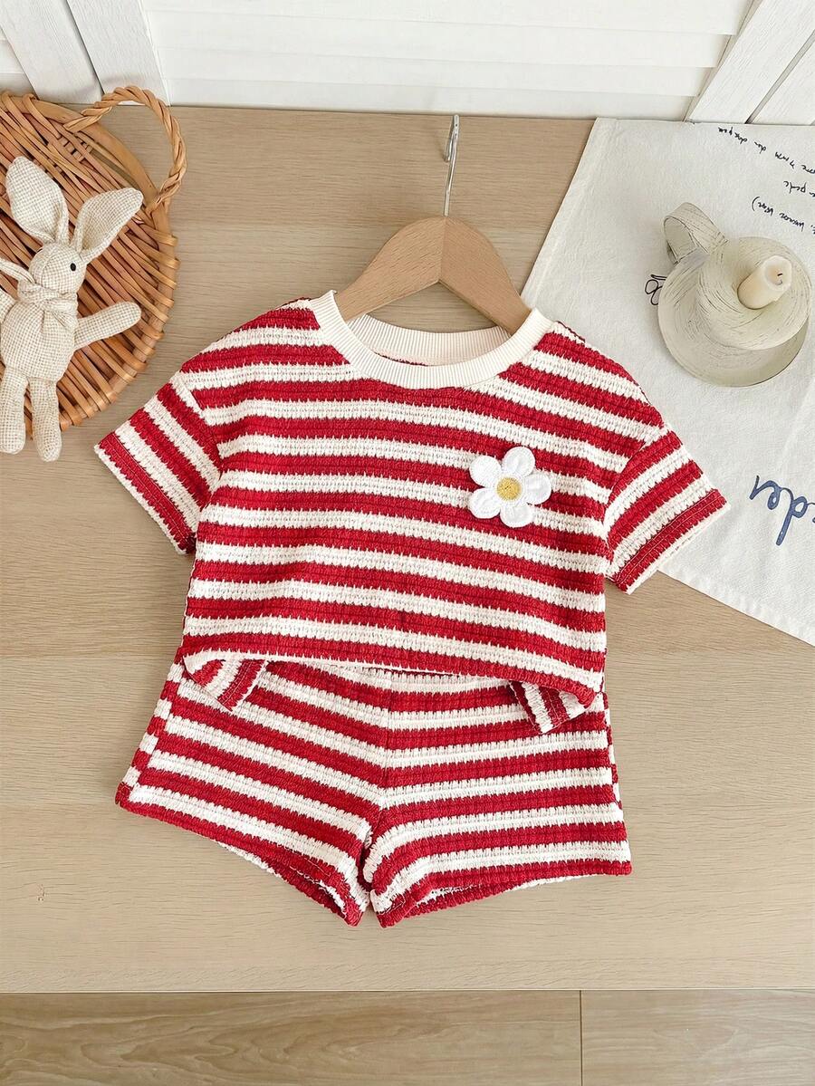 Rainbow Top And Elastic Waist Shorts Set For Toddler Girls Casual Wear