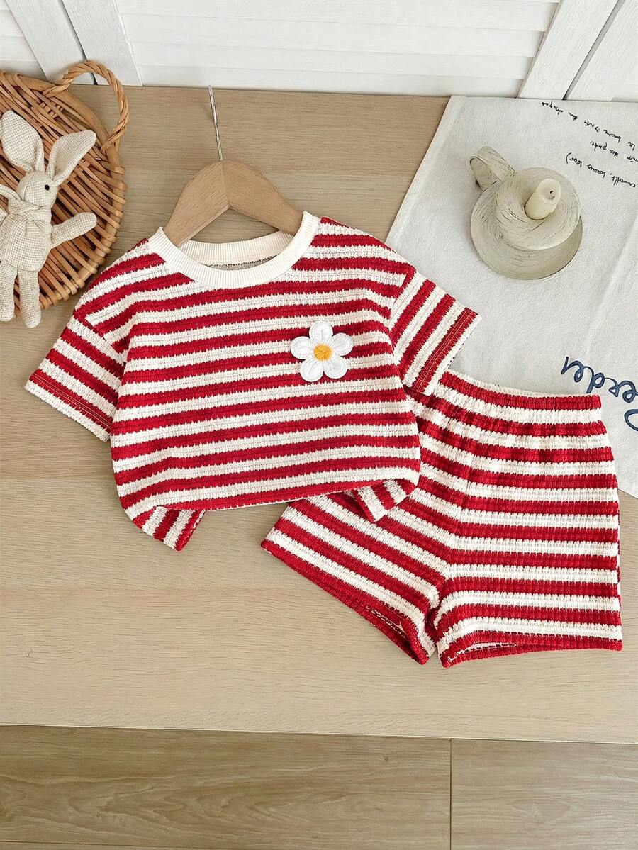 Rainbow Top And Elastic Waist Shorts Set For Toddler Girls Casual Wear
