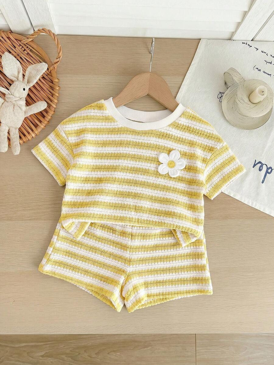 Rainbow Top And Elastic Waist Shorts Set For Toddler Girls Casual Wear