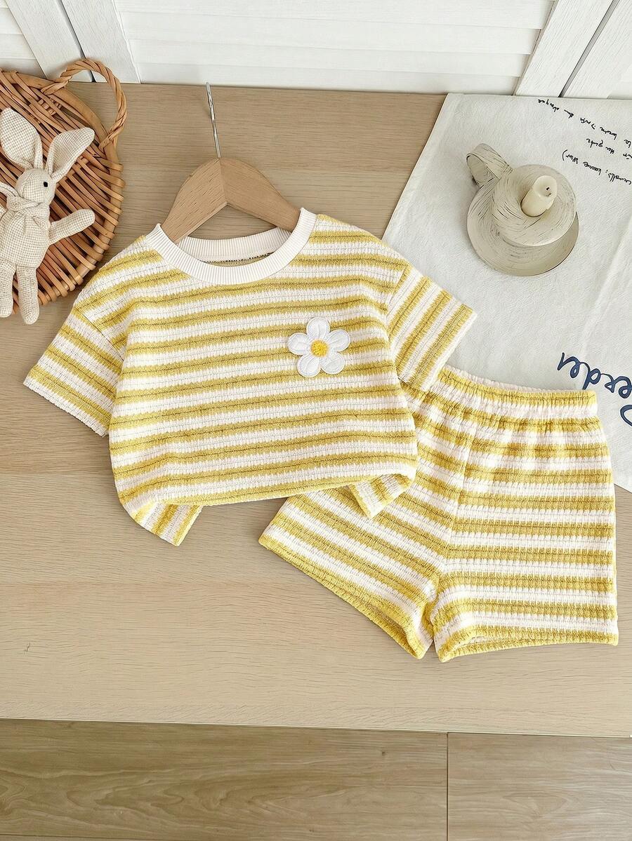 Rainbow Top And Elastic Waist Shorts Set For Toddler Girls Casual Wear