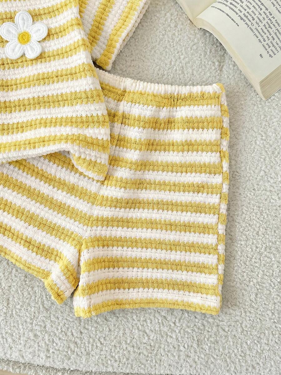 Rainbow Top And Elastic Waist Shorts Set For Toddler Girls Casual Wear