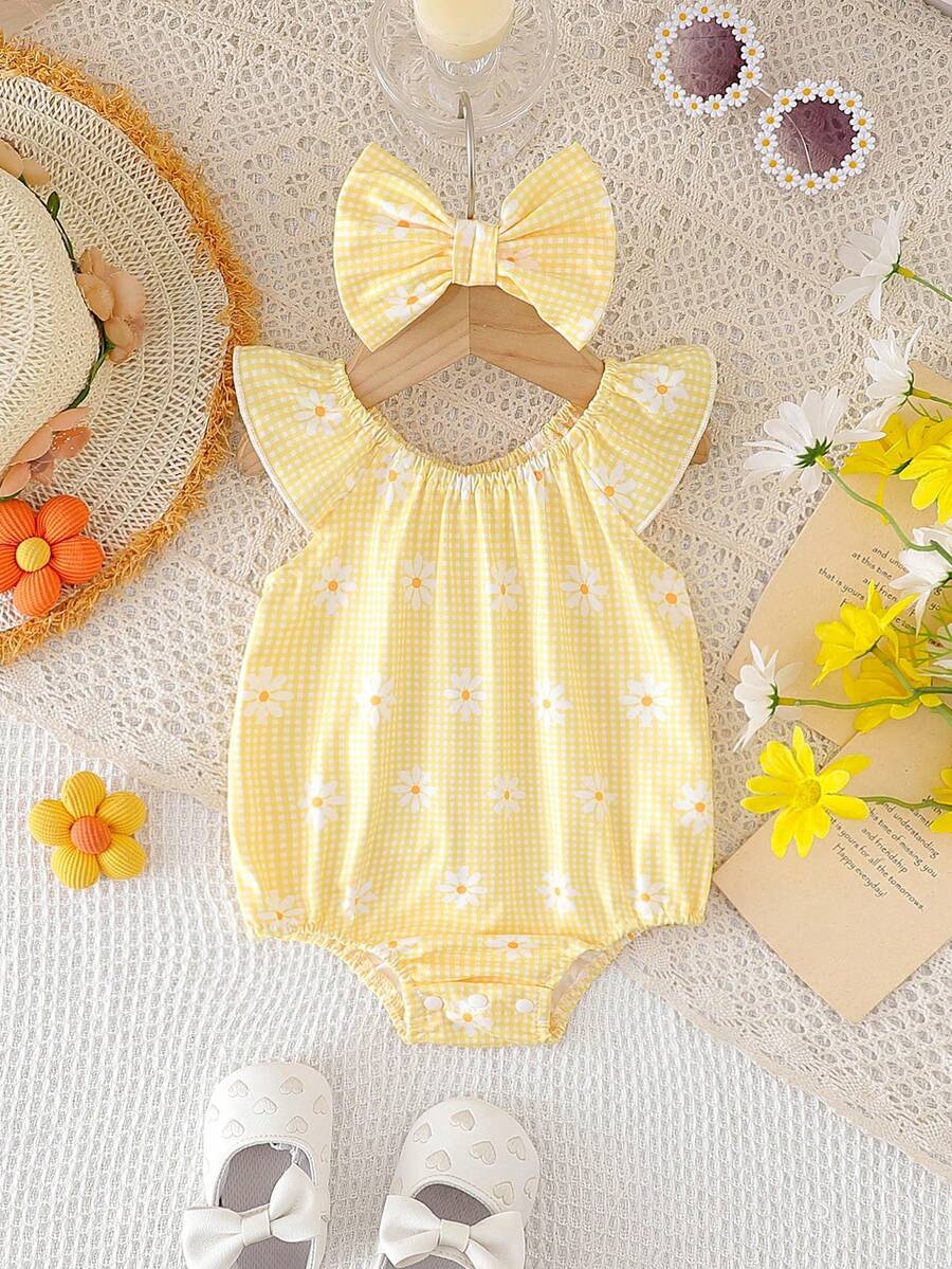 Baby Floral and Grass Print Ruffle Sleeve Romper with Headband for Summer Outings