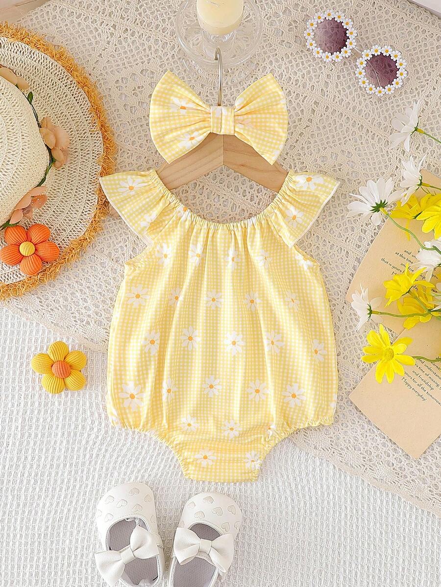 Lemon Print Ruffle Trim Bodysuit and Headband Set for Cute Summer Daily Wear