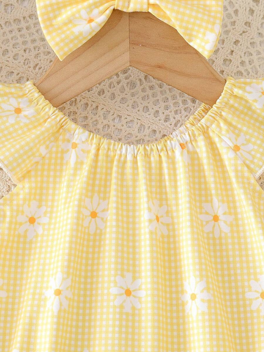 Baby Floral and Grass Print Ruffle Sleeve Romper with Headband for Summer Outings