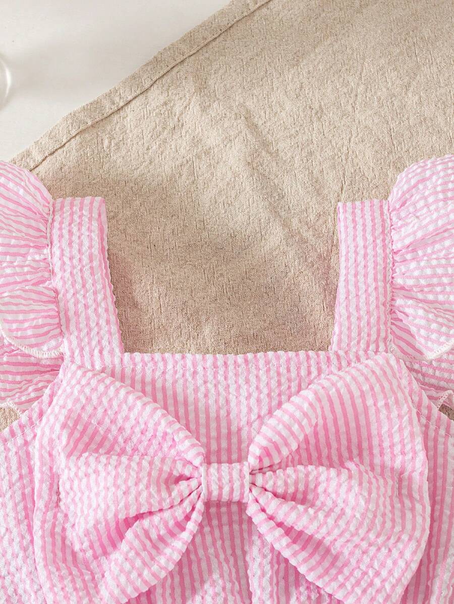Summer Baby Girl Striped Romper Outfit With Big Bow Cap Sleeve And Sun Hat Gift Set