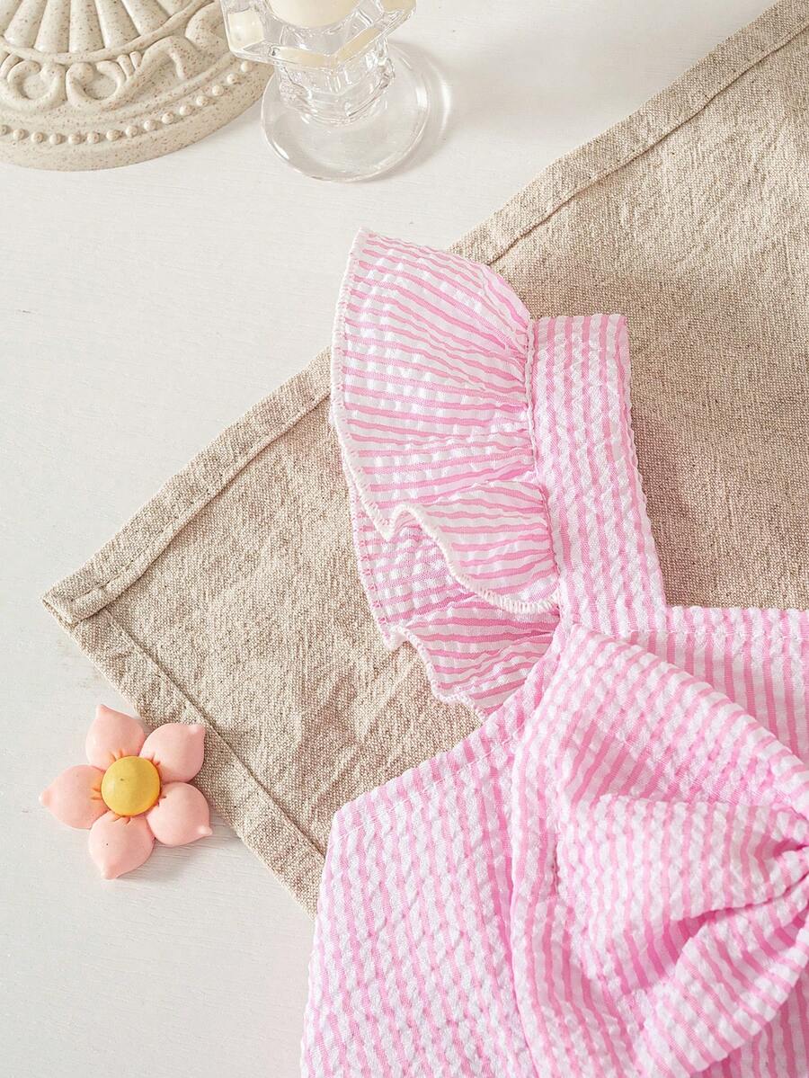 Summer Baby Girl Striped Romper Outfit With Big Bow Cap Sleeve And Sun Hat Gift Set