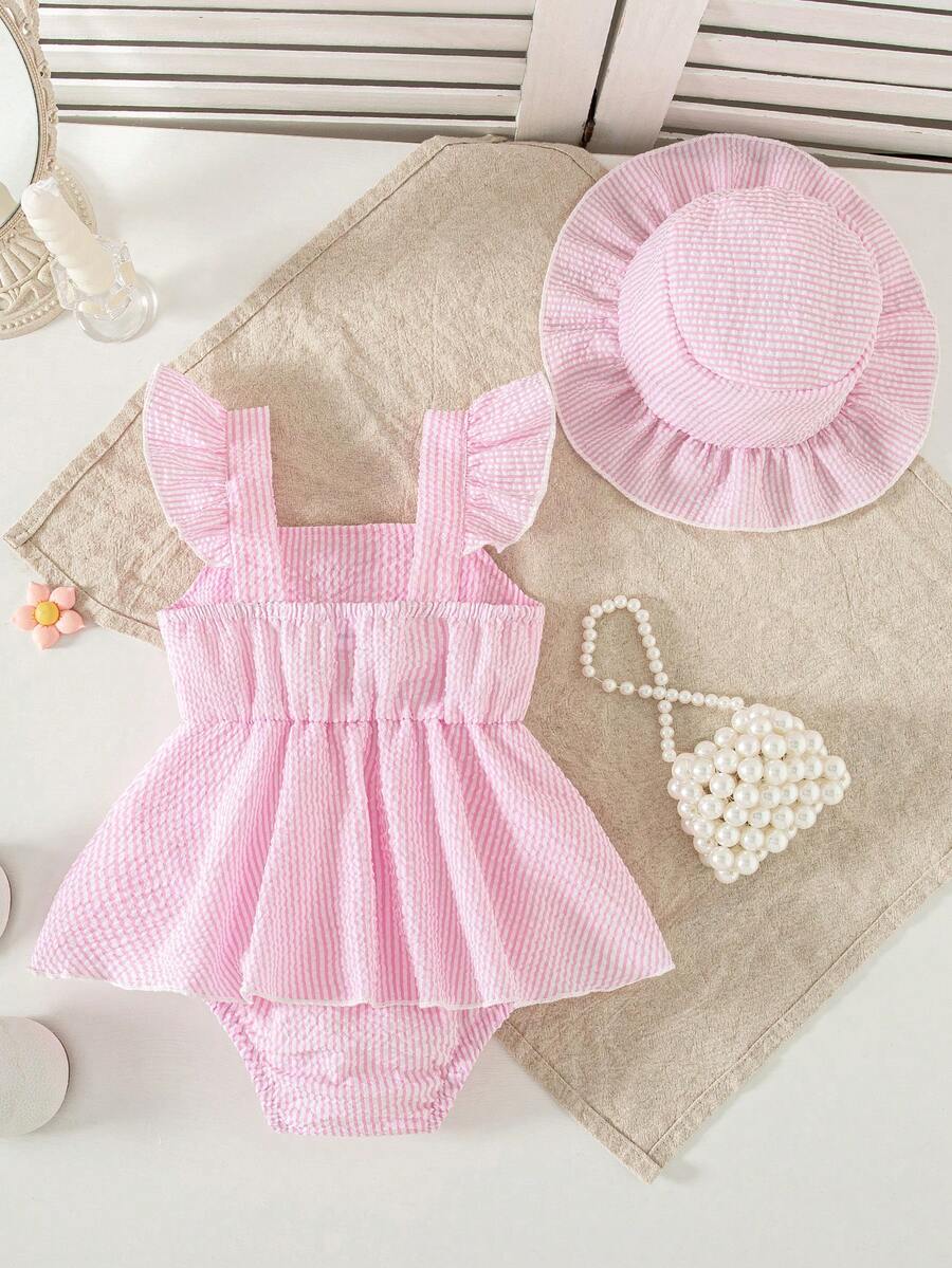 Summer Baby Girl Striped Romper Outfit With Big Bow Cap Sleeve And Sun Hat Gift Set