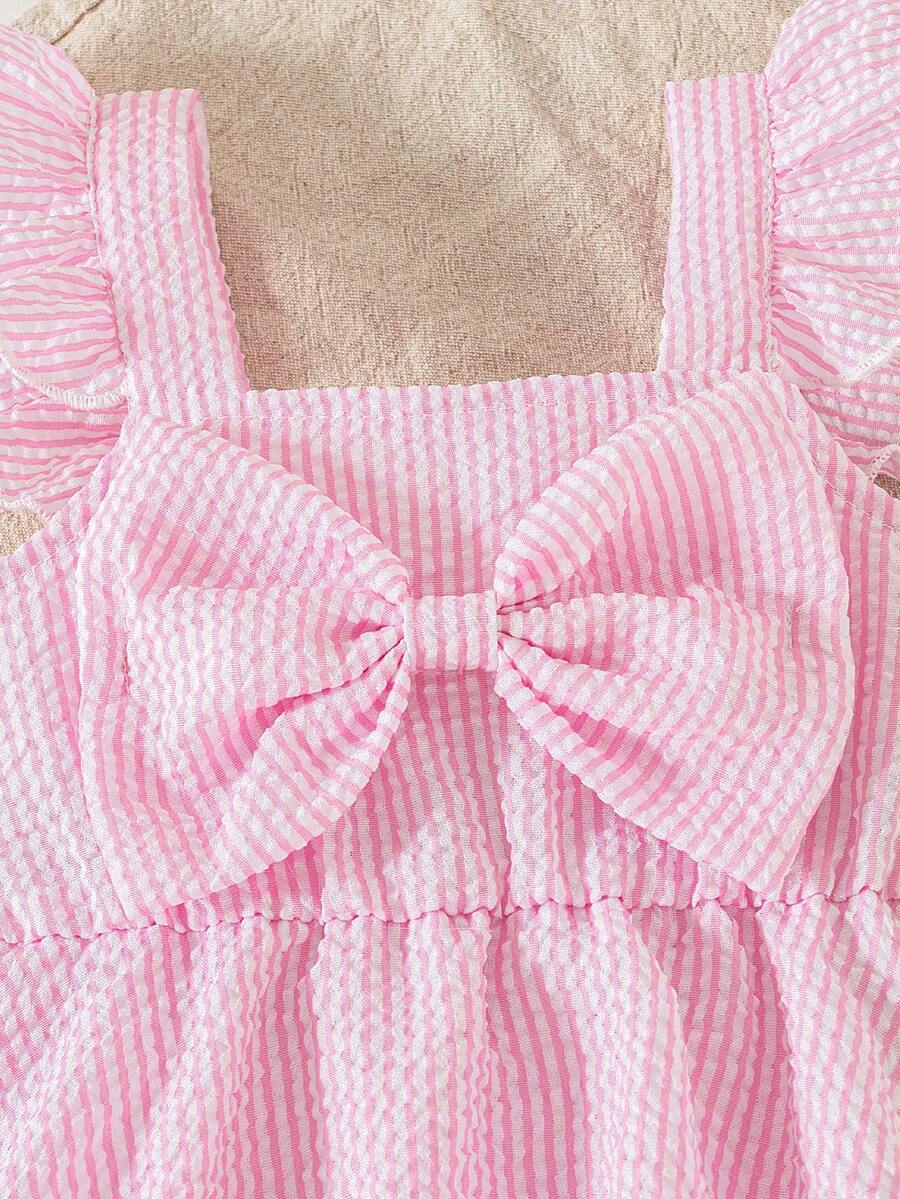 Summer Baby Girl Striped Romper Outfit With Big Bow Cap Sleeve And Sun Hat Gift Set